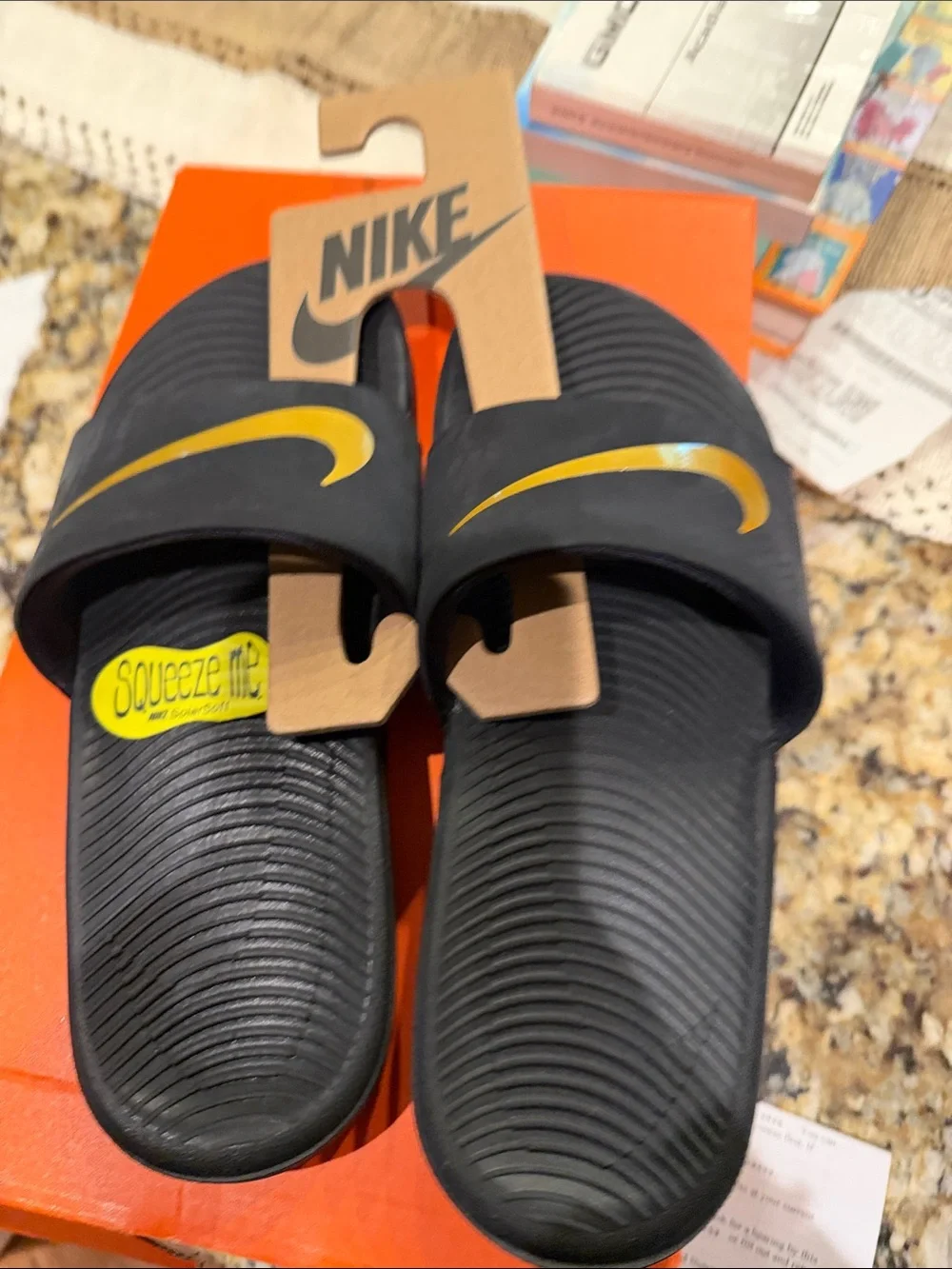 Nike Black Slides with Gold Swoosh Accent NIB Size 5Y